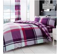 Gaveno Cavailia Waverly Check Double Duvet Set Purple Reversible Easy Care Cotton Blend 3 Piece Bedding | 1 Quilt Cover + 2 Pillow Cases | Button Closure | Machine Washable
