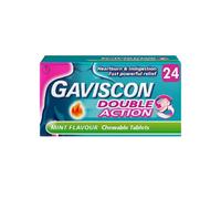 Gaviscon Double Action, Chewable tablets, Mint, 24 tablets, Heartburn & Indigestion, Fast powerful relief, Gets to work in minutes, Dual relief on th