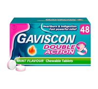 Gaviscon Double Action, Chewable tablets, Mint Flavour, flavour, 48 tablets, Heartburn & Indigestion, Fast powerful relief, Gets to work in minutes, Dual relief on the go, instant Relief