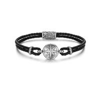 GAVU Men's Bracelet in Genuine Black Leather with Compass Charm, Men's Leather Bracelet with Wind Rose, 21.5cm, Leather