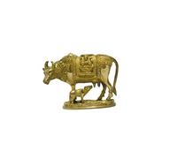 Gavya International Brass Kamdhenu Cow with Calf Statue Laxmi Ganesha Idol for Good Luck, Prosperity Gift, Home Décor for Diwali Sculpture Gold Polish size- 6.5 inch