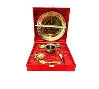 Gavya International Gold Plated Diwali Pooja thali Set Ladoo gopal bhog plate/raksha bandhan/Navaratri/navratri Plate Gift Puja for Aarti janmashtami With Red Velvet Box - 8.5 inch