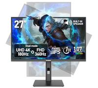 Gawfolk 27 inch IPS UHD4K 180Hz / FHD 360Hz Dual Mode Gaming PC Monitor | 1.07 billion colours Computer Screen, Adaptive Sync, Height Adjustable,Built-in speaker, HDMI 2.1 & DP1.4,Black