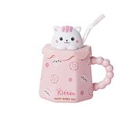 GawmFoiuy Mark Cup with a Straw Animal Print Stuff Gifts 14oz Ceramic Tea Coffee Cup Kawaii Mugs Funny Animal Mug Cat Mug Birthday Gifts for Women Girls Kids Lovers (Pink-Cat)