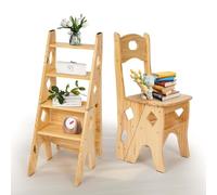 Gaxcent 4-Step Folding Library Ladder Solid Wood Chair, Foldable 4-Step Stool, Stool Ladder Up To 180Kg,4-Step Climbing Step Display Stand Flower Stand,Brown