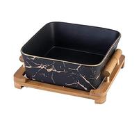 Gaxcent Fruit Bowls Ceramic Salad Bowl Marble Square Fruit Basket with Wooden Bracket Pastry Plate, for Vegetable and Fruit Salad Oatmeal Milk,Black