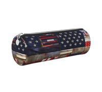 GaxfjRu American Flag Patchwork Round Pencil Case Faux Leather - Storage for Pens, Pencils, Markers, Small Supplies Metal Zip with Leather