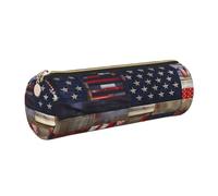 GaxfjRu American Flag Patchwork Round Pencil Case Faux Leather - Storage for Pens, Pencils, Markers, Small Supplies Metal Zip with Leather