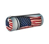 GaxfjRu American Flag Pattern Round Pencil Case Faux Leather - Storage for Pens, Pencils, Markers, Small Supplies Metal Zip with Leather