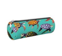 GaxfjRu Animals Sea Turtles Round Pencil Case Faux Leather - Storage for Pens, Pencils, Markers, Small Supplies Metal Zip with Leather