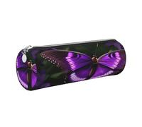 GaxfjRu Beautiful Purple Butterfly Round Pencil Case Faux Leather - Storage for Pens, Pencils, Markers, Small Supplies Metal Zip with Leather