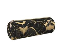 GaxfjRu Black Marble Texture Gold Round Pencil Case Faux Leather - Storage for Pens, Pencils, Markers, Small Supplies Metal Zip with Leather