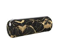 GaxfjRu Black Marble Texture Gold Round Pencil Case Faux Leather - Storage for Pens, Pencils, Markers, Small Supplies Metal Zip with Leather