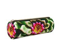 GaxfjRu Blooming Cactus Flower Round Pencil Case Faux Leather - Storage for Pens, Pencils, Markers, Small Supplies Metal Zip with Leather