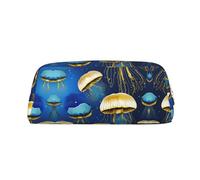 GaxfjRu Blue and Gold Jellyfish Leather three-dimensional portable pen case -PVC lined polyester makeup bag coin wallet special pencil case