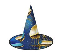 GaxfjRu Blue And Gold Jellyfish Print Halloween Witch Hat, Witch Costume Accessory For Halloween Cosplay Party Holiday Decoration 3pcs