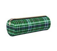 GaxfjRu Blue and Green Scottish Tartan Round Pencil Case Faux Leather - Storage for Pens, Pencils, Markers, Small Supplies Metal Zip with Leather