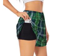 GaxfjRu Blue Scottish Tartan Print Women's Running Shorts High Waisted Running Shorts Pocket Sporty Gym Elastic Short