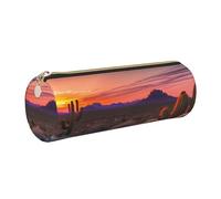 GaxfjRu Cactus Desert Sunset Round Pencil Case Faux Leather - Storage for Pens, Pencils, Markers, Small Supplies Metal Zip with Leather