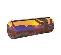 GaxfjRu Cactus Desert Sunsets Round Pencil Case Faux Leather - Storage for Pens, Pencils, Markers, Small Supplies Metal Zip with Leather