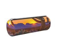 GaxfjRu Cactus Desert Sunsets Round Pencil Case Faux Leather - Storage for Pens, Pencils, Markers, Small Supplies Metal Zip with Leather