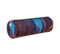 GaxfjRu Chicago Night Round Pencil Case Faux Leather - Storage for Pens, Pencils, Markers, Small Supplies Metal Zip with Leather