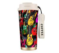 GaxfjRu Colorful Guitar Print Double Lid Insulated Coffee Cup 500ml, 316 Stainless Steel Inner Layer Thermal Tumbler with Straw