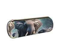 GaxfjRu Elephant Family Round Pencil Case Faux Leather - Storage for Pens, Pencils, Markers, Small Supplies Metal Zip with Leather
