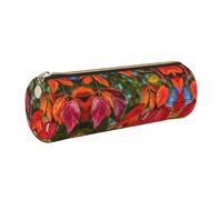 GaxfjRu Fall Red Leaves and Fruits Round Pencil Case Faux Leather - Storage for Pens, Pencils, Markers, Small Supplies Metal Zip with Leather