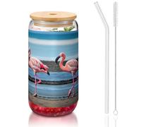 GaxfjRu Flamingos On The Beach 16oz Glass Cups Lids and Glass Straw,Wider Glass Cups for Smoothies, Tea, Cola,Soda
