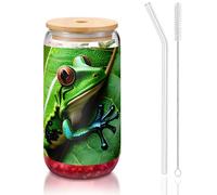 GaxfjRu Frog Leaves 16oz Glass Cups Lids and Glass Straw,Wider Glass Cups for Smoothies, Tea, Cola,Soda