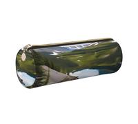 GaxfjRu Glacier National Park Round Pencil Case Faux Leather - Storage for Pens, Pencils, Markers, Small Supplies Metal Zip with Leather