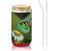 GaxfjRu Green Leaf Colorful Butterfly 16oz Glass Cups Lids and Glass Straw,Wider Glass Cups for Smoothies, Tea, Cola,Soda