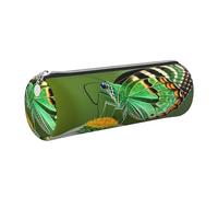 GaxfjRu Green Leaf Colorful Butterfly Round Pencil Case Faux Leather - Storage for Pens, Pencils, Markers, Small Supplies Metal Zip with Leather