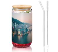 GaxfjRu Hong Kong 16oz Glass Cups Lids and Glass Straw,Wider Glass Cups for Smoothies, Tea, Cola,Soda