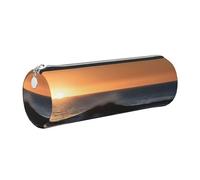 GaxfjRu Last Sun Rays of Over The Sea Waves Round Pencil Case Faux Leather - Storage for Pens, Pencils, Markers, Small Supplies Metal Zip with Leather
