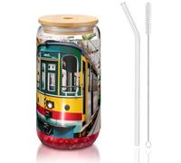 GaxfjRu Lisbon Tram 16oz Glass Cups Lids and Glass Straw,Wider Glass Cups for Smoothies, Tea, Cola,Soda