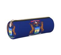 GaxfjRu Michigan State Flag Round Pencil Case Faux Leather - Storage for Pens, Pencils, Markers, Small Supplies Metal Zip with Leather