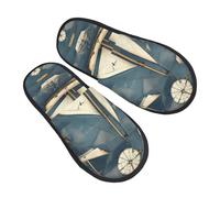 GaxfjRu Nautical Sailboat Map Plush Winter Slippers for Indoor Use, Soft Warm House Slippers for Guests and Home Comfort Unisex, Black, 5