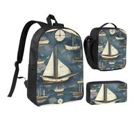 GaxfjRu Nautical Sailboat Map print Lightweight Bookbag,3Pcs Backpack School Backpack with Lunch Box and Pencil Pouch