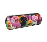GaxfjRu Poodles Dogs Round Pencil Case Faux Leather - Storage for Pens, Pencils, Markers, Small Supplies Metal Zip with Leather