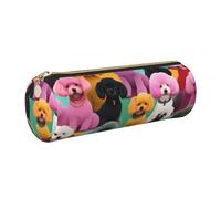 GaxfjRu Poodles Dogs Round Pencil Case Faux Leather - Storage for Pens, Pencils, Markers, Small Supplies Metal Zip with Leather