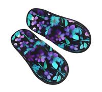 GaxfjRu purple and teal flower Plush Winter Slippers for Indoor Use, Soft Warm House Slippers for Guests and Home Comfort Unisex, Black, 5