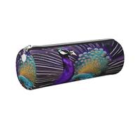 GaxfjRu Purple Peacock Round Pencil Case Faux Leather - Storage for Pens, Pencils, Markers, Small Supplies Metal Zip with Leather