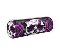 GaxfjRu Purple Rose Skeleton Round Pencil Case Faux Leather - Storage for Pens, Pencils, Markers, Small Supplies Metal Zip with Leather
