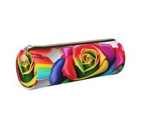 GaxfjRu Rainbow Rose Flower Round Pencil Case Faux Leather - Storage for Pens, Pencils, Markers, Small Supplies Metal Zip with Leather