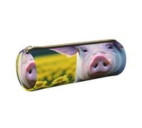 GaxfjRu Rape Flower Pig Round Pencil Case Faux Leather - Storage for Pens, Pencils, Markers, Small Supplies Metal Zip with Leather