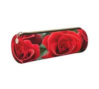GaxfjRu Red Rose Flowers Round Pencil Case Faux Leather - Storage for Pens, Pencils, Markers, Small Supplies Metal Zip with Leather