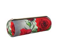 GaxfjRu Red Rose Picture Round Pencil Case Faux Leather - Storage for Pens, Pencils, Markers, Small Supplies Metal Zip with Leather