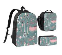 GaxfjRu Romantic Paris Eiffel Tower Bycicle print Lightweight Bookbag,3Pcs Backpack School Backpack with Lunch Box and Pencil Pouch